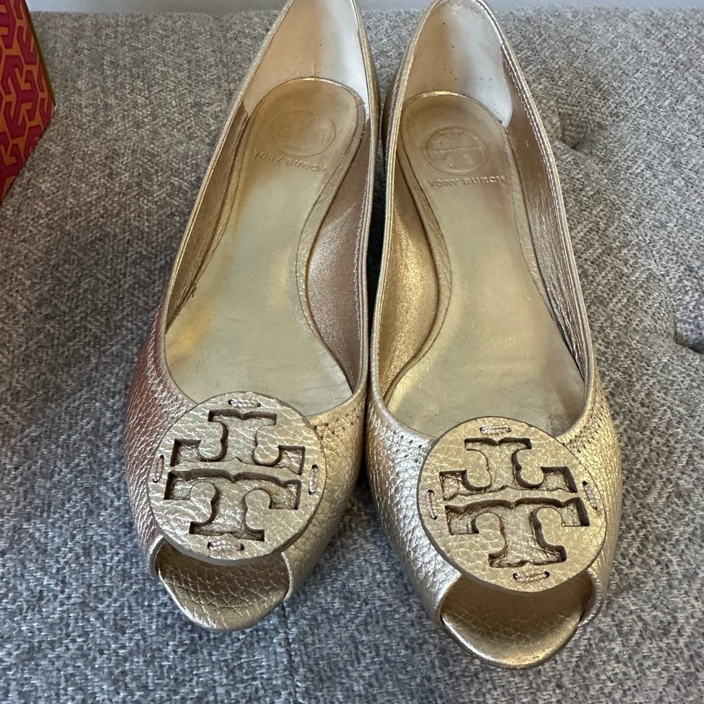 Tory Burch Gold Metallic Flats with Logo Medallion